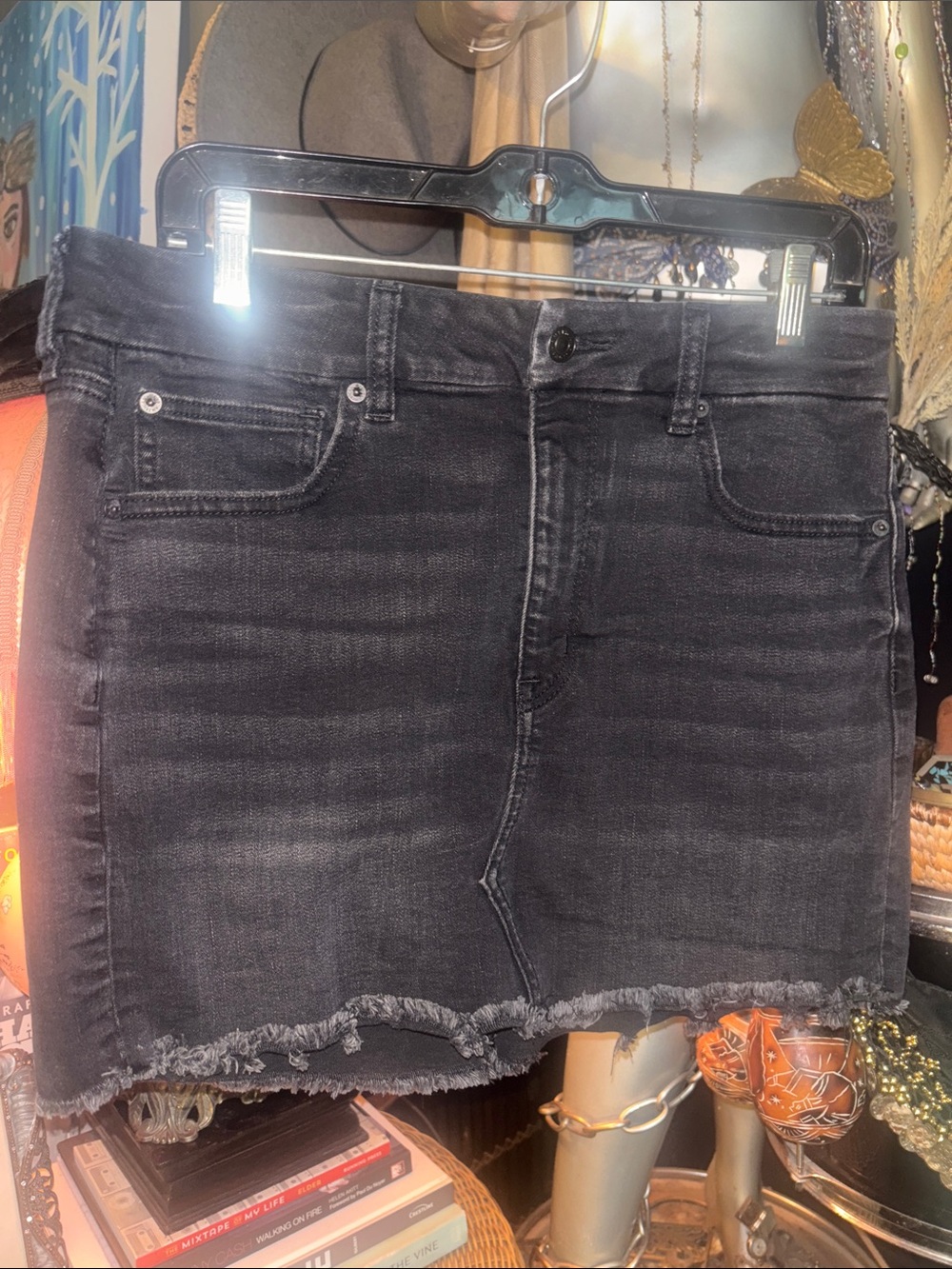 American Eagle Washed Black Distressed Denim Mini Skirt